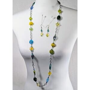 long necklace 40"glass beads + french wire earrings 13/4"long Aqua yellow green
